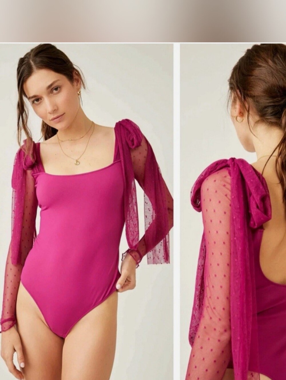 Free People Magenta Bodysuit with Sheer Sleeves